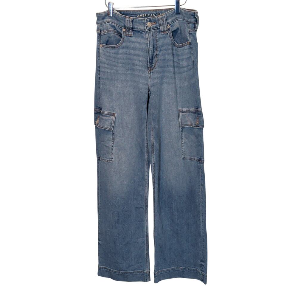 American Eagle Size 4 Long Super High Rise Baggy Wide Leg Cargo Jeans Stretch